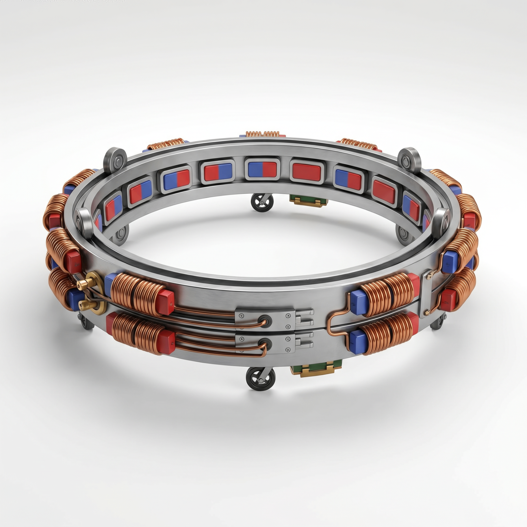 3D render of a circular electromagnetic ring assembly with copper coils, magnets, and support wheels — Quasi's energy capture and recycle design concept