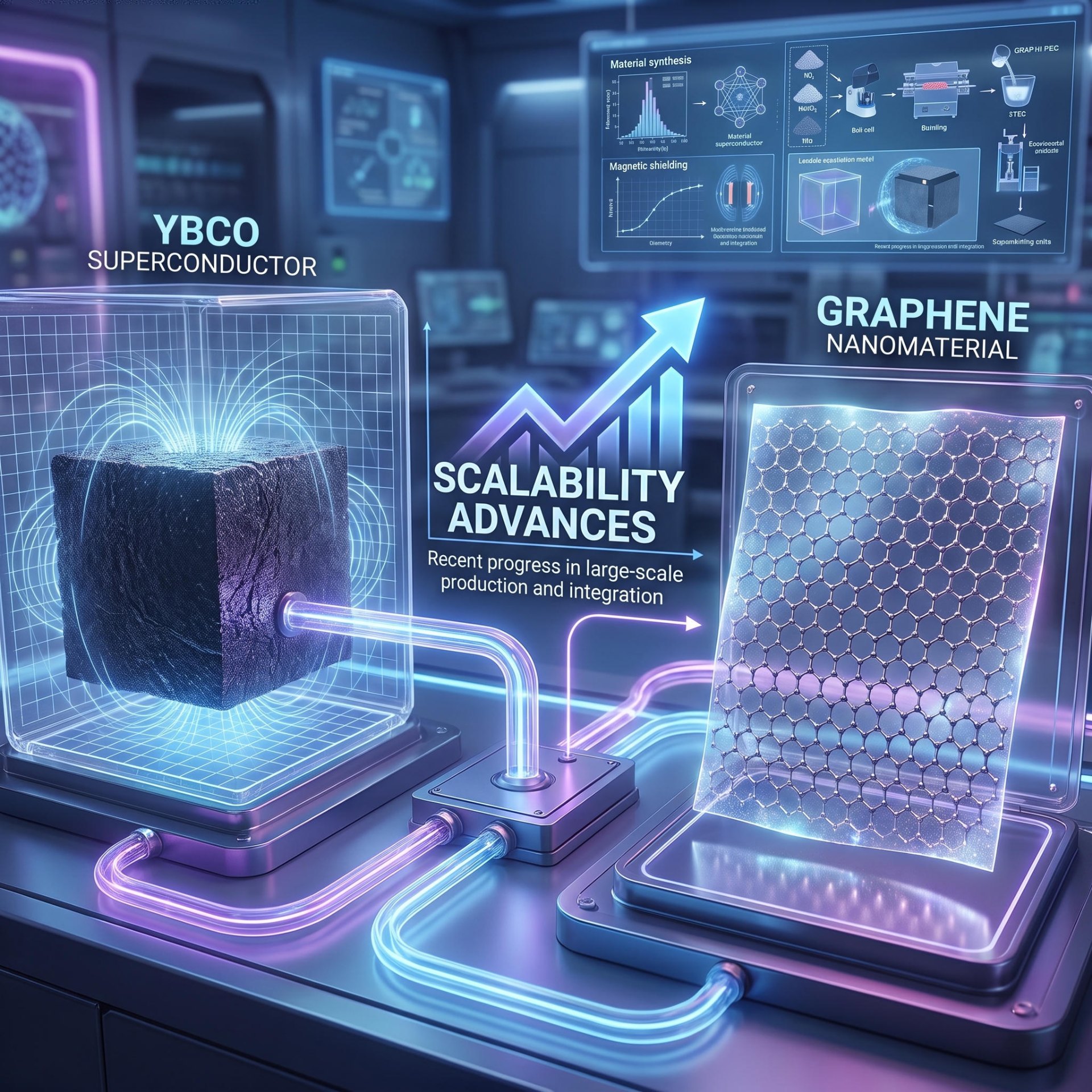Advanced materials lab display featuring YBCO superconductor and graphene nanomaterial research — enabling scalable quantum propulsion
