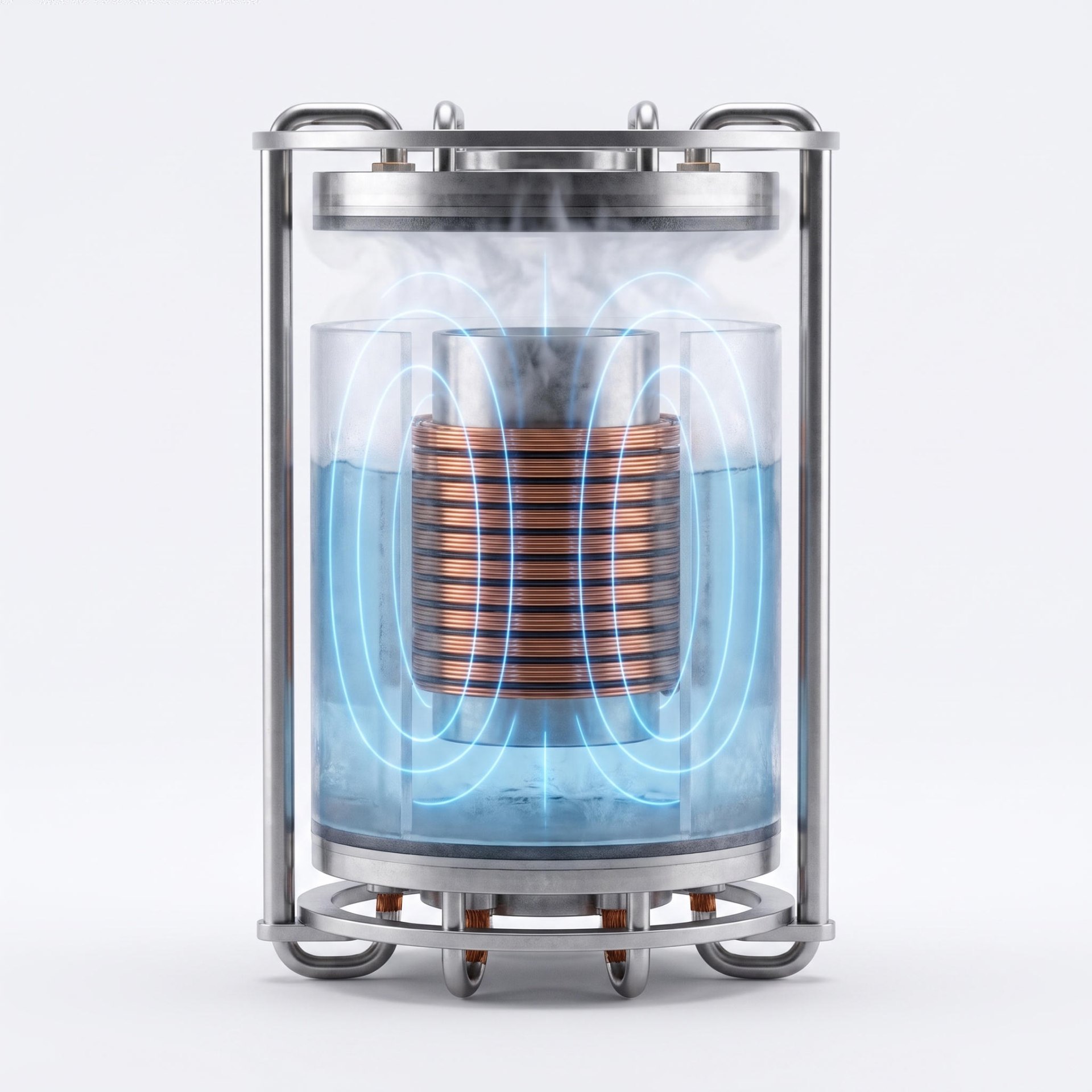 Cryogenic coil chamber with copper windings and blue energy glow — core component of Quasi's zero-point energy propulsion system